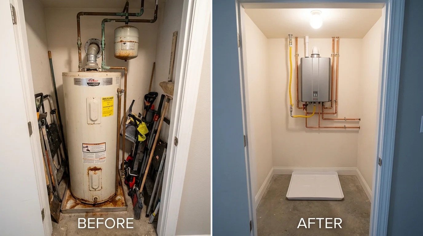 Tank water heater versus wall-mounted tankless unit comparison for Quinton, OK homeowners