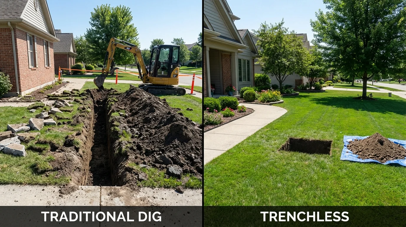 Trenchless sewer repair with minimal yard damage versus traditional excavation in Quinton, OK